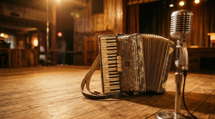 Vintage pearl-keyed piano accordion resting on a wooden stage beside a classic broadcast microphone