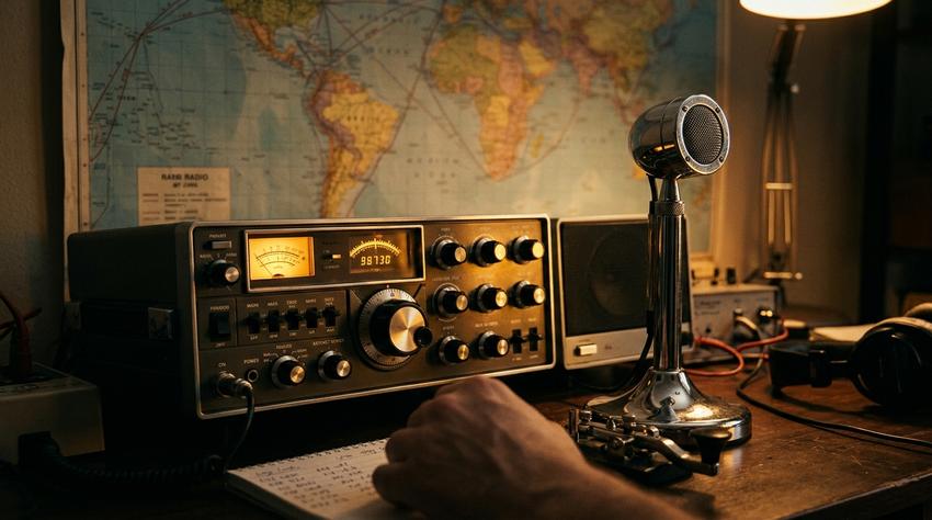 Amateur Ham Radio transceiver station with glowing analog meters and world map